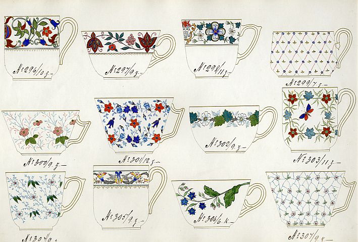Jesena porcelāna fabrika (JF). Porcelāna trauku meti. 1886–1915.